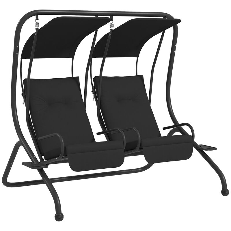 2-Seater Outdoor Patio Swing Chair w/ Removable Canopy & Cup Holder, Black