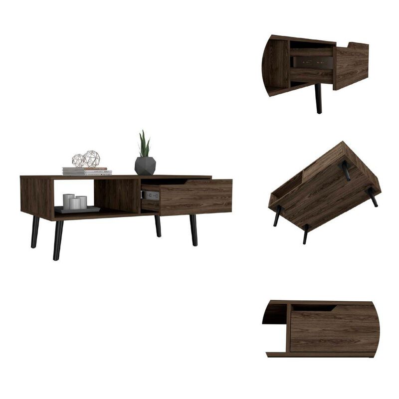 DEPOT E-SHOP Kobe Coffee Table, Countertop, One Open Shelf, One Drawer, Four Legs- Dark Walnut, For Living Room