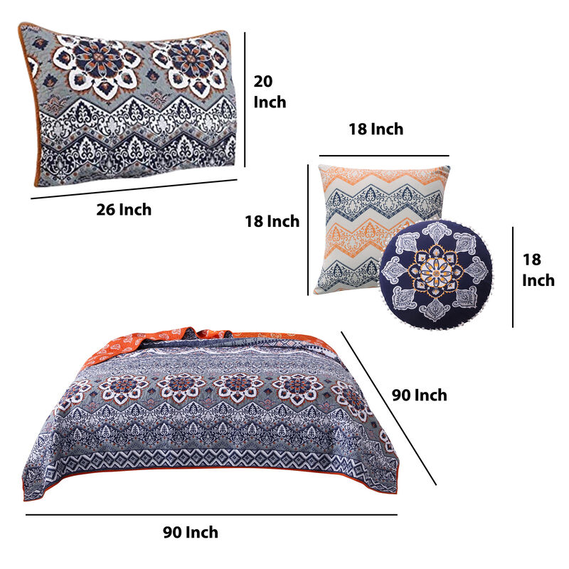 Damask Print Queen Quilt Set with Embroidered Pillows, Blue and Orange - Benzara