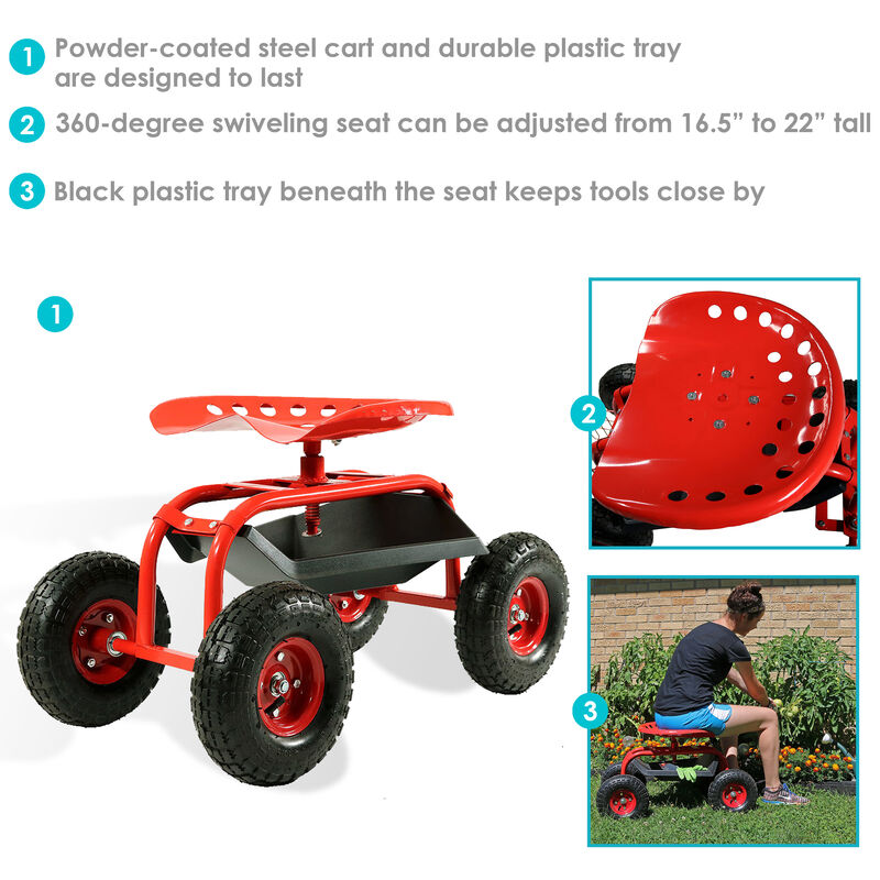 Sunnydaze Steel Rolling Garden Cart with Swivel Steering/Tray