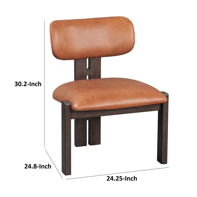 Tyna 25 Inch Dining Chair, Tan Real Leather, Armless, Brown Solid Ash Wood - Benzara