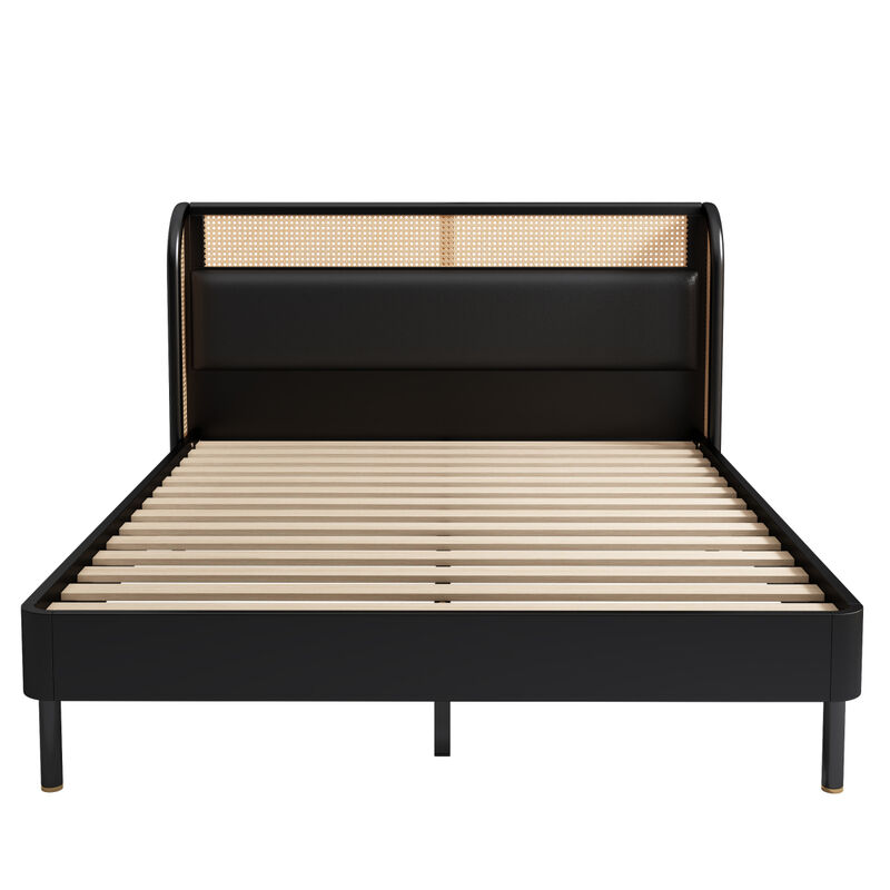 Modern Rattan Wood Platform Queen Bed