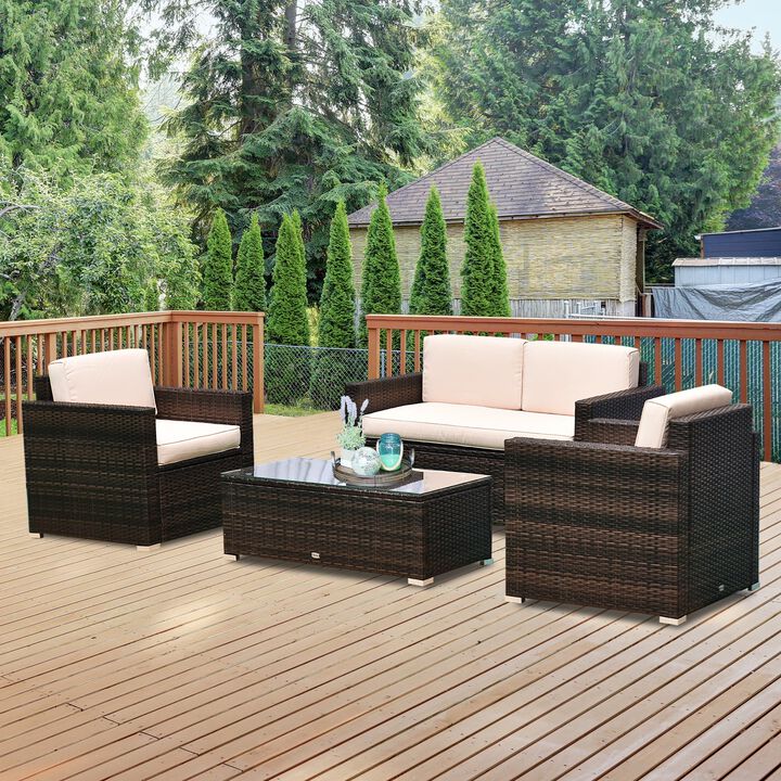 Beige 4-Piece Rattan Wicker Furniture Set: Outdoor Cushioned Conversation Furniture with 2 Chairs, Loveseat, and Glass Coffee Table