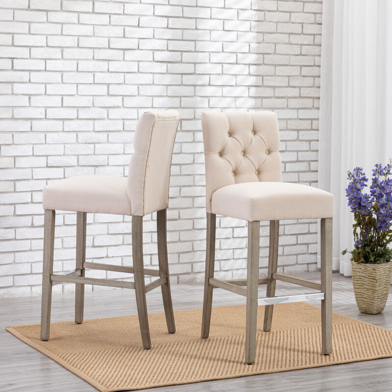 WestinTrends 29" Linen Fabric Tufted Upholstered Bar Stool (Set of 2), Antique Grey