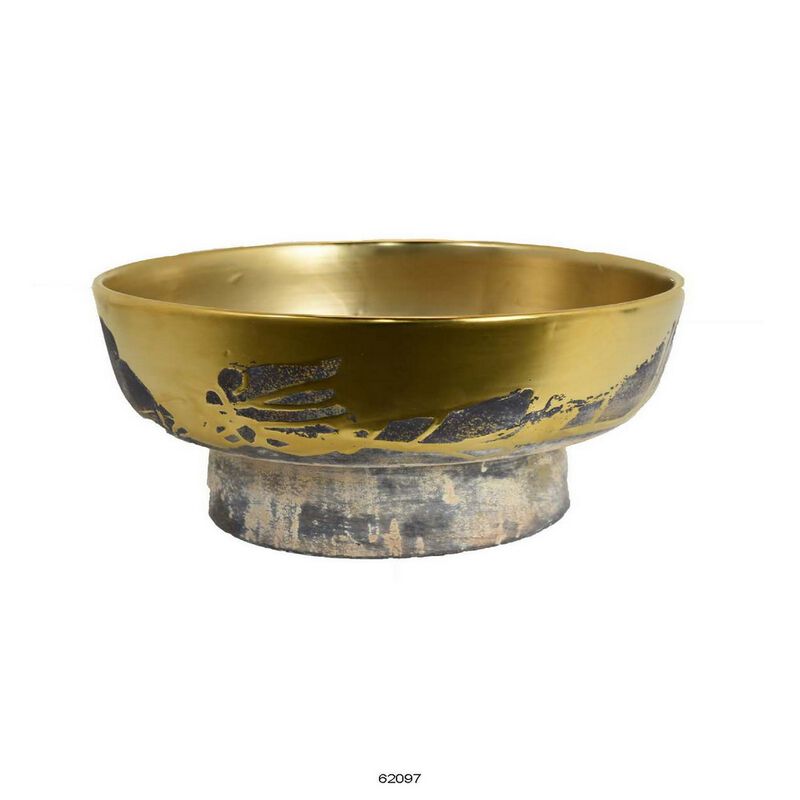 16 Inch Decorative Bowl, Distressed Gold Finish, Modern Aesthetic, Ceramic - Benzara