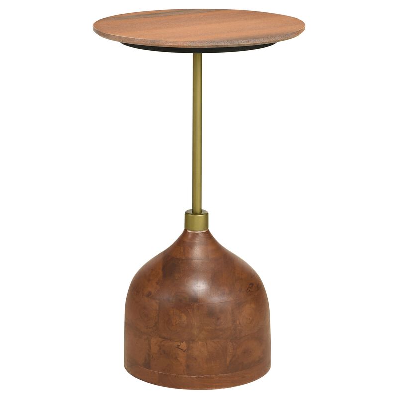 27 Inch Side Table, Round Peach Marble Top, Gold Metal Frame, Pedestal Base - Benzara