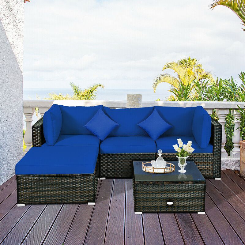 5 Pcs Outdoor Patio Rattan Furniture Set Sectional Conversation with Navy Cushions