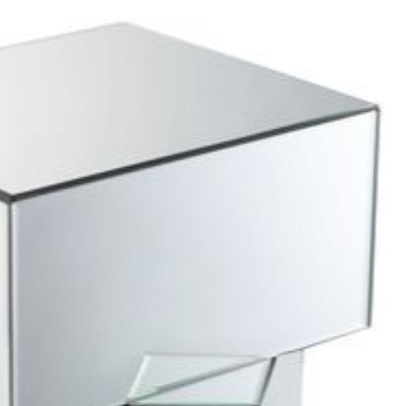 Mirror and Glass End Table with Unique Geometrical Base Design, Silver-Benzara