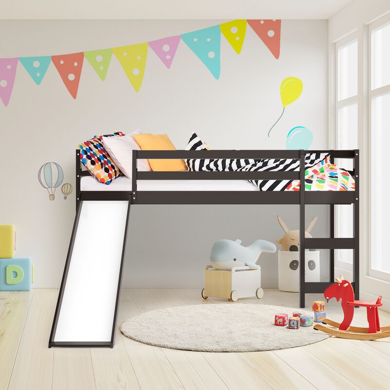 Twin Size Low Sturdy Loft Bed with Slide Wood