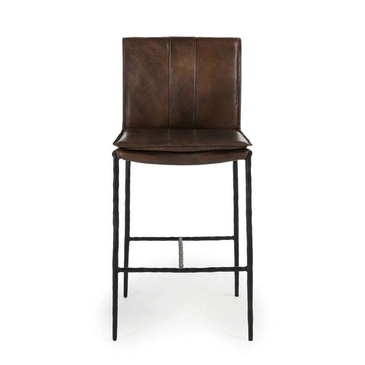Iva 27 Inch Counter Stool Chair, Rolled Back, Iron, Dark Brown Leather  - Benzara