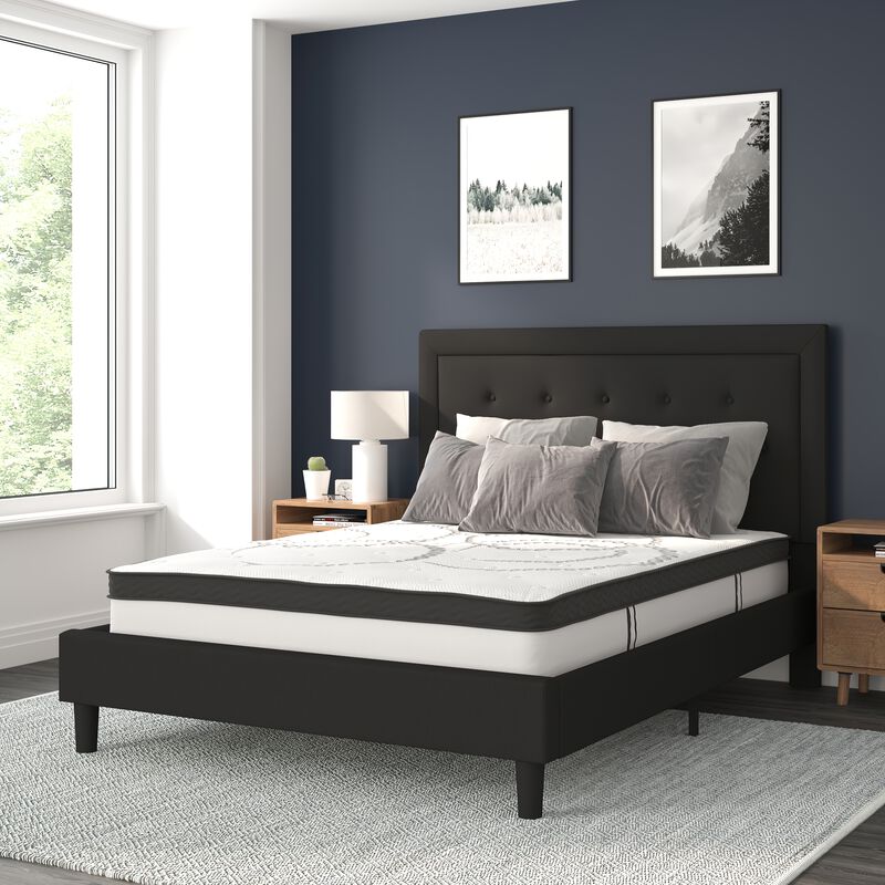 Roxbury Queen Size Tufted Upholstered Platform Bed in Black Fabric with 10 Inch CertiPUR-US Certified Pocket Spring Mattress