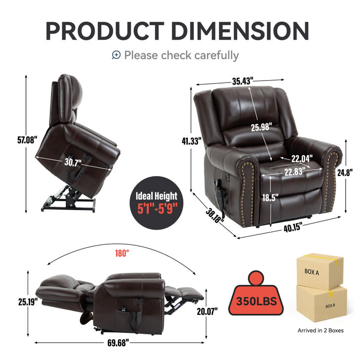 Power Lift Recliner Chair Heat Massage Dual Motor Infinite Position Up to 350 LBS, Faux Leather, Heavy Duty Motion Mechanism with USB Ports, Brown
