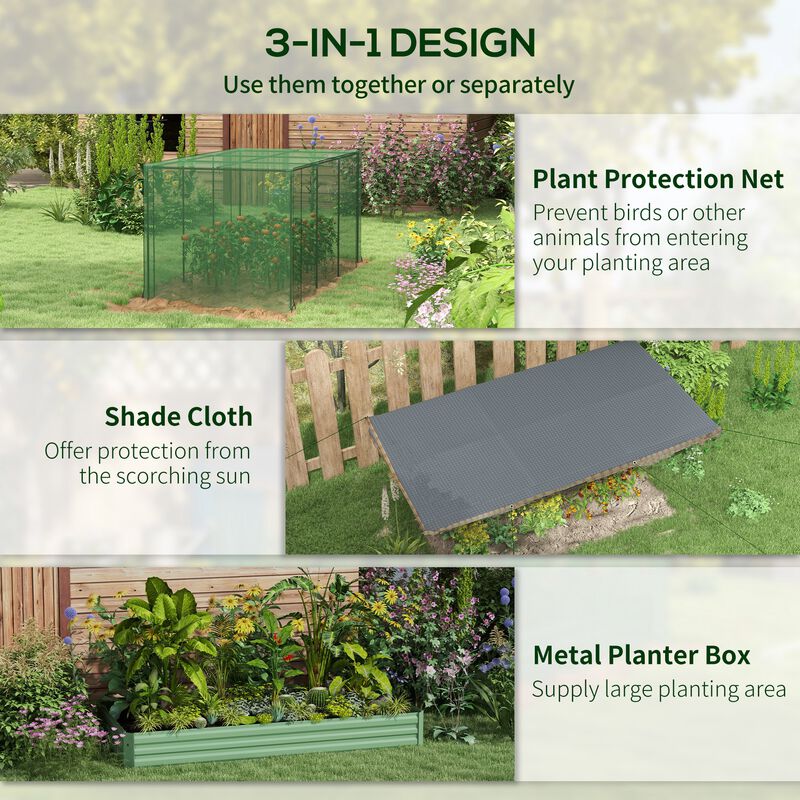 Outsunny Galvanized Raised Garden Bed with Crop Cage Plant Protection Net and Shade Cloth Roof, Metal Planter Box with Cover for Vegetables, Flowers, Herbs, Green