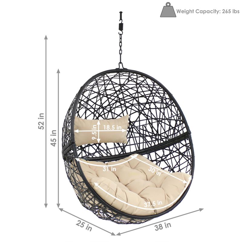 Sunnydaze Black Resin Wicker Round Hanging Egg Chair with Cushions - Yellow