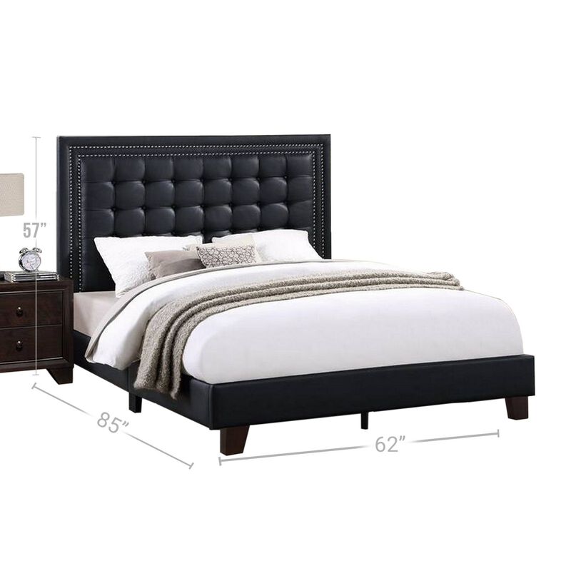 Vea Modern Platform Queen Bed, Deep Tufted Upholstery, Black Faux Leather - Benzara