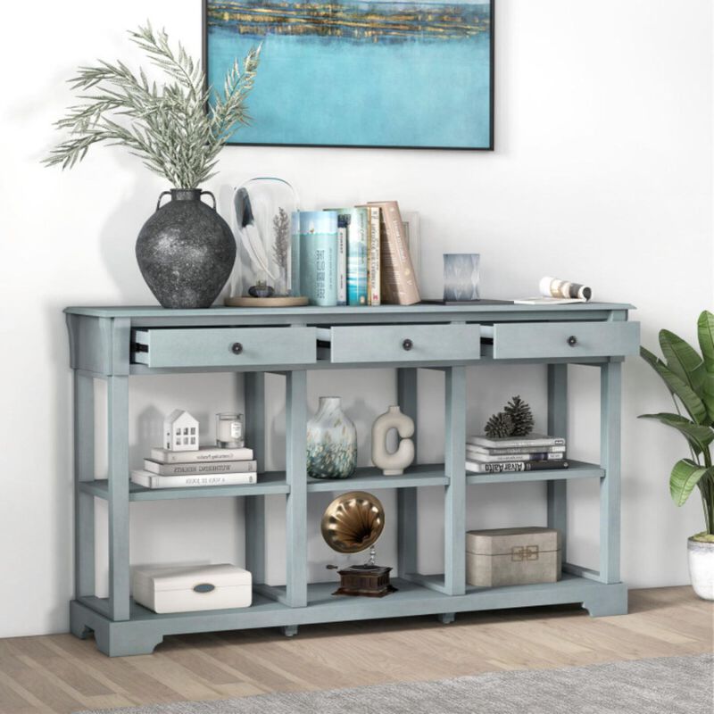 Hivvago 58" Retro Console Table with 3 Drawers and Open Shelves Rectangular Entryway Table-Blue