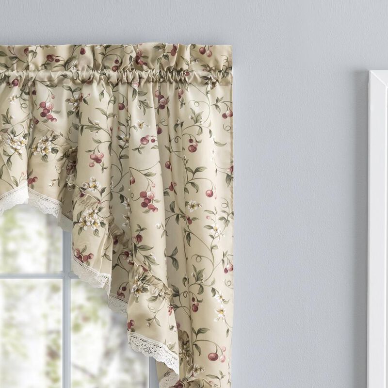 Ellis Curtain Cherries Ruffled 1.5" Rod Pocket Swag for Windows Lace Edge 58" x 36" Natural