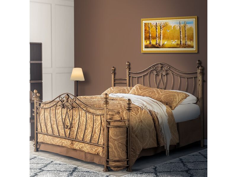 Metal Queen Headboard and Footboard with Swirling Floral Motifs, Antique Gold - Benzara