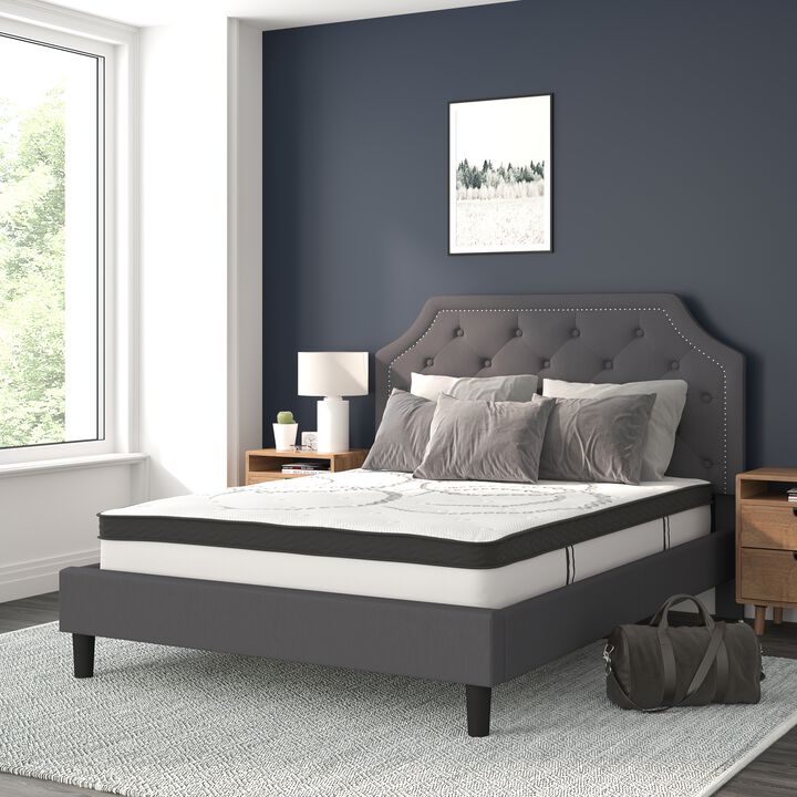 Brighton Queen Size Tufted Upholstered Platform Bed in Dark Gray Fabric with 10 Inch CertiPUR-US Certified Pocket Spring Mattress