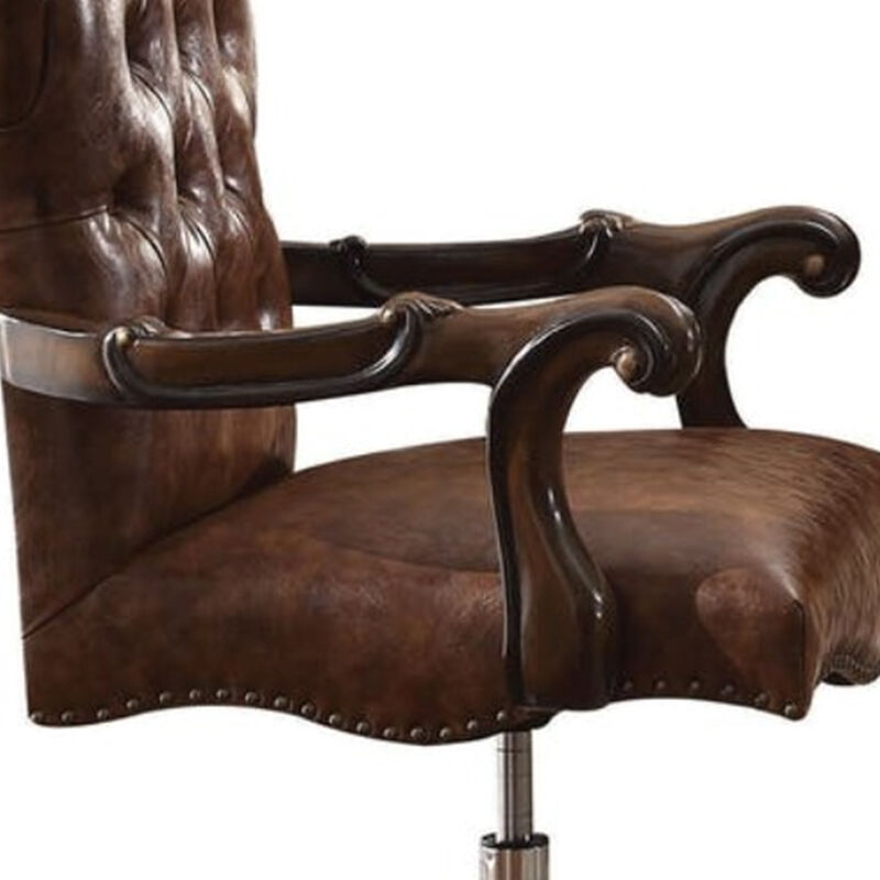 Faux Leather Upholstered Wooden Executive Chair With Swivel, Cherry Oak Brown - Benzara