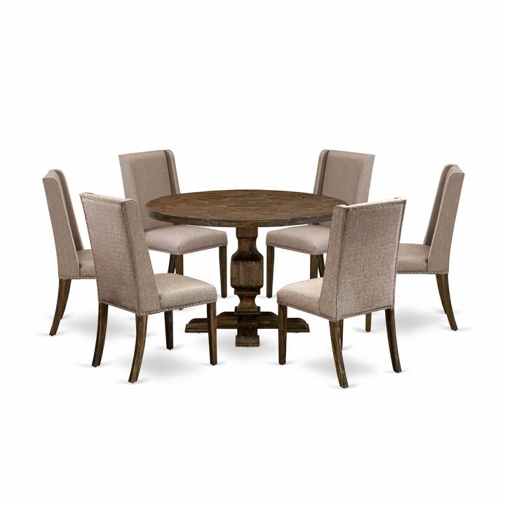 East West Furniture I3FL7-716 7Pc Dinette Set - Round Table and 6 Parson Chairs - Distressed Jacobean Color