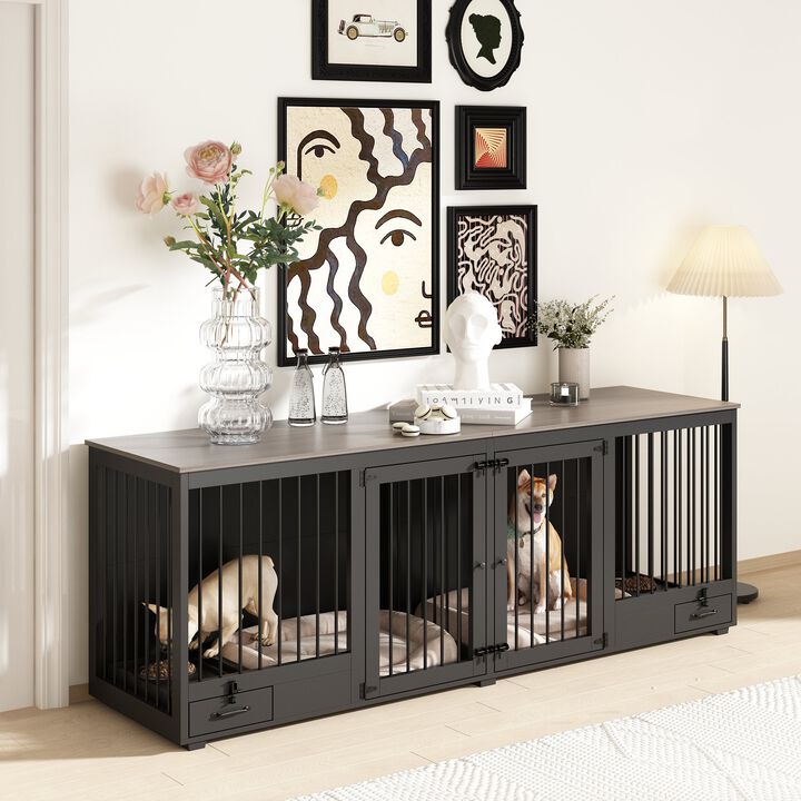 Black Large Furniture Style Dog Crate with Dog Feeding Area, Large Dog Crate with Removable Irons for 2 Medium Dogs