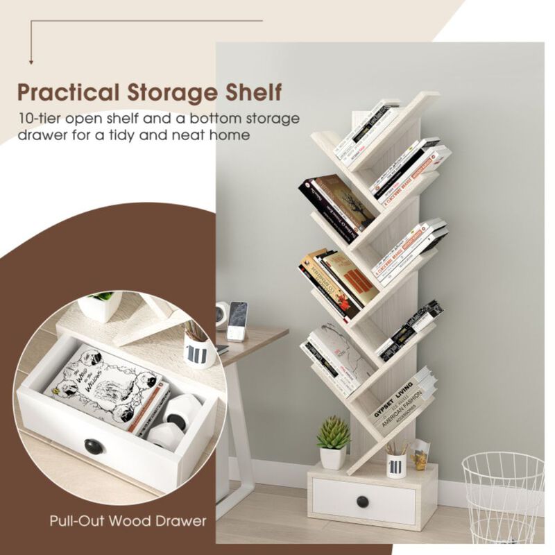 Hivago 10-Tier Tree Bookshelf with Drawer and Anti-Tipping Kit