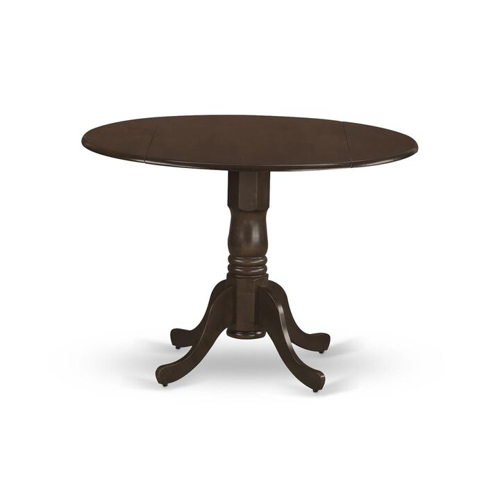 East West Furniture Dublin  Round  Table  with  two  9  Drop  Leaves  in  Saddle  Brown  Finish