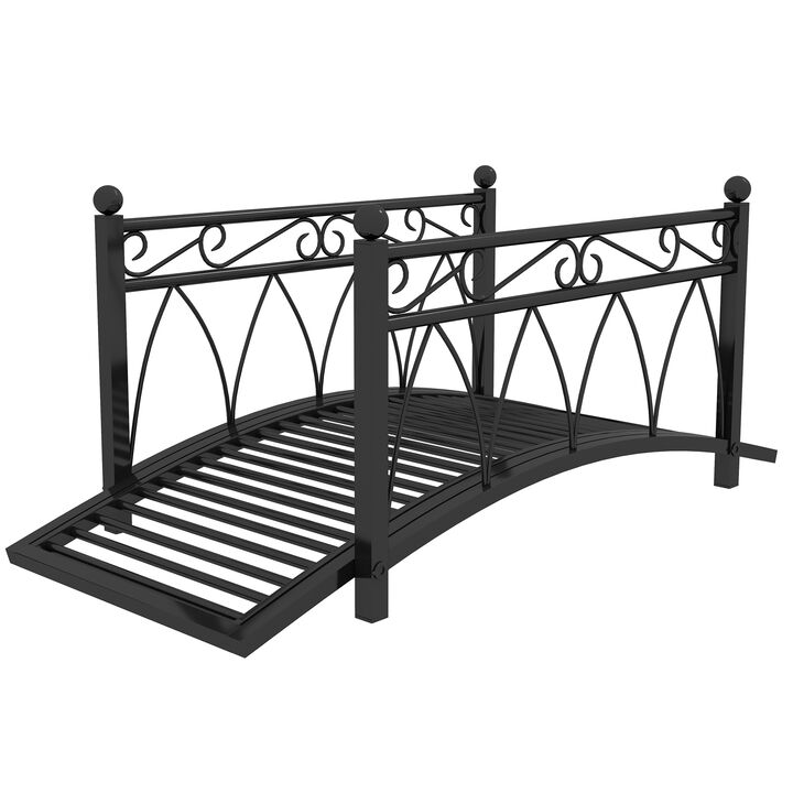 Outsunny 3.3' Metal Arch Zen Garden Bridge with Safety Siderails, Decorative Footbridge, Delicate Scrollwork & Corner Spheres for Stream, Fish Pond, Black