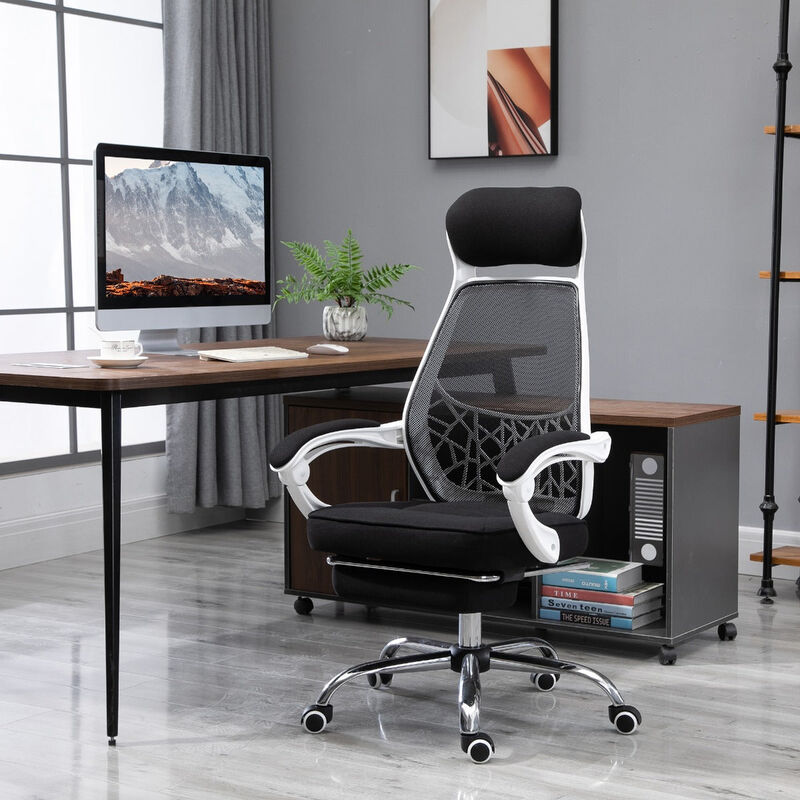 Black/White Executive Chair: High Back 360° Swivel Recliner with Footrest