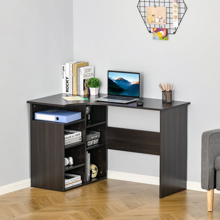 Black Wood Grain L-Shaped Corner Home Office Computer Desk, Study Table PC Workstation with Storage Shelf, Space Saving
