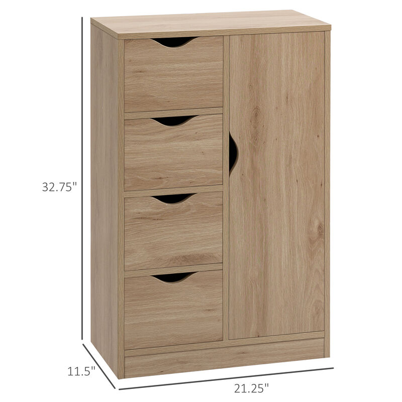 HOMCOM Freestanding Storage Cabinet, Bathroom Floor cabinet with 4 Drawers and Door, Oak