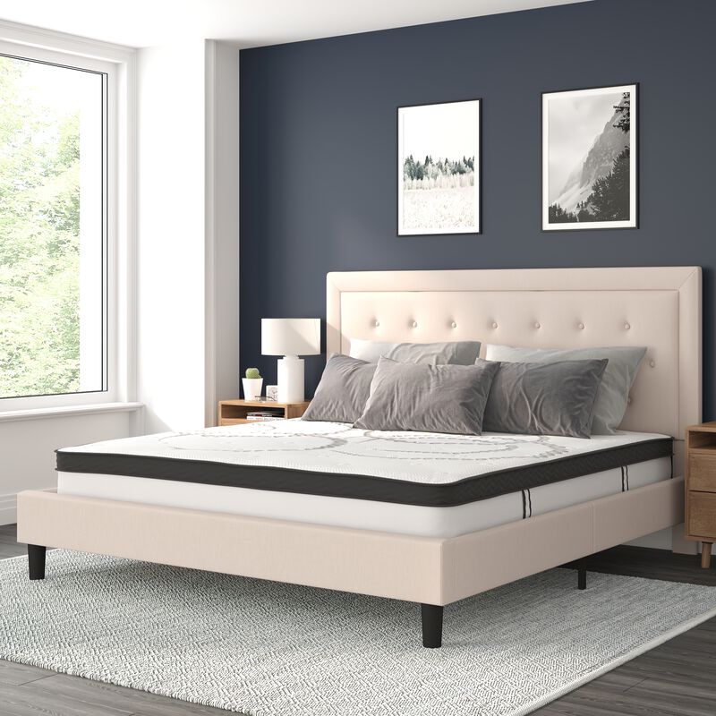 Roxbury King Size Tufted Upholstered Platform Bed in Beige Fabric with 10 Inch CertiPUR-US Certified Pocket Spring Mattress