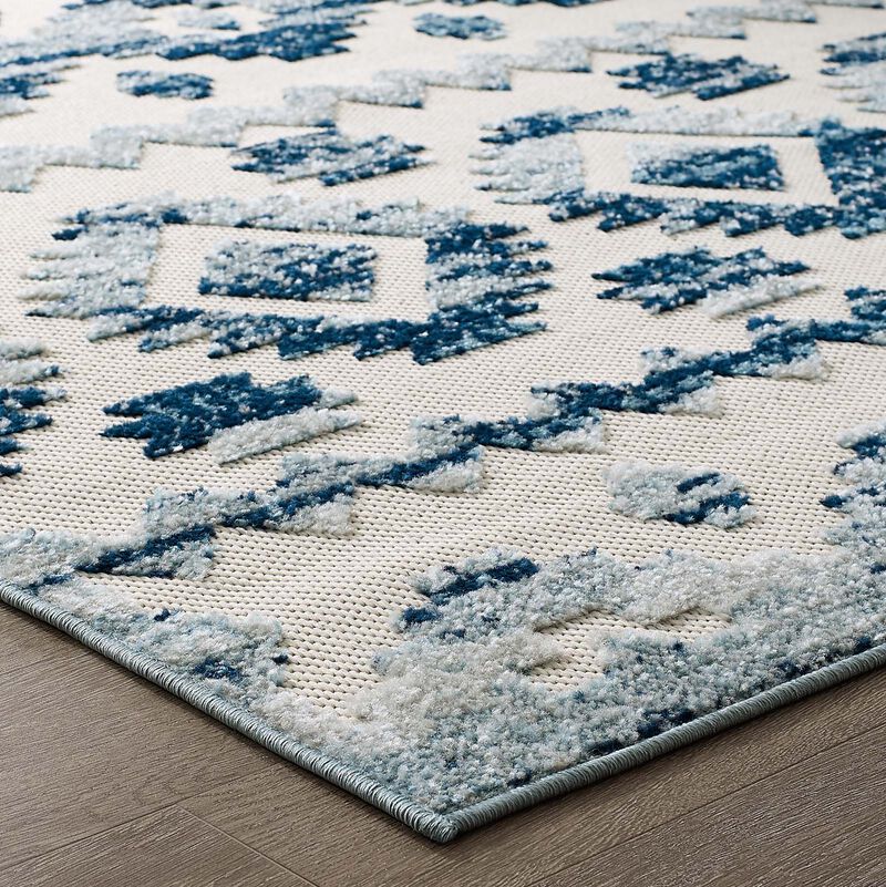 Reflect Takara Distressed Contemporary Abstract Diamond Moroccan Trellis 8x10 Indoor and Outdoor Area Rug - Ivory and Blue