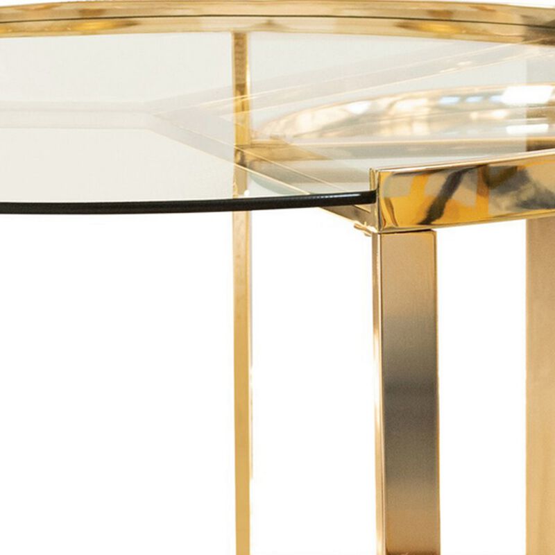 23 Inch Round Nesting Accent Tables, Glass Top, Metal Base, Set of 2, Gold-Benzara