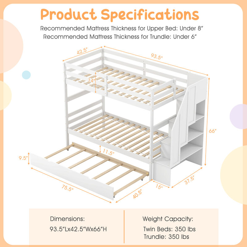 Home Wood Bunk Bed with Guard Rail and 4-step Storage Stairs No Box Spring Needed