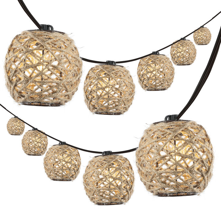 Oahu 10-Light Indoor/Outdoor 10 ft. Rustic Coastal Incandescent C7 Globe Hemp Rope Shaded String Lights, Light Brown