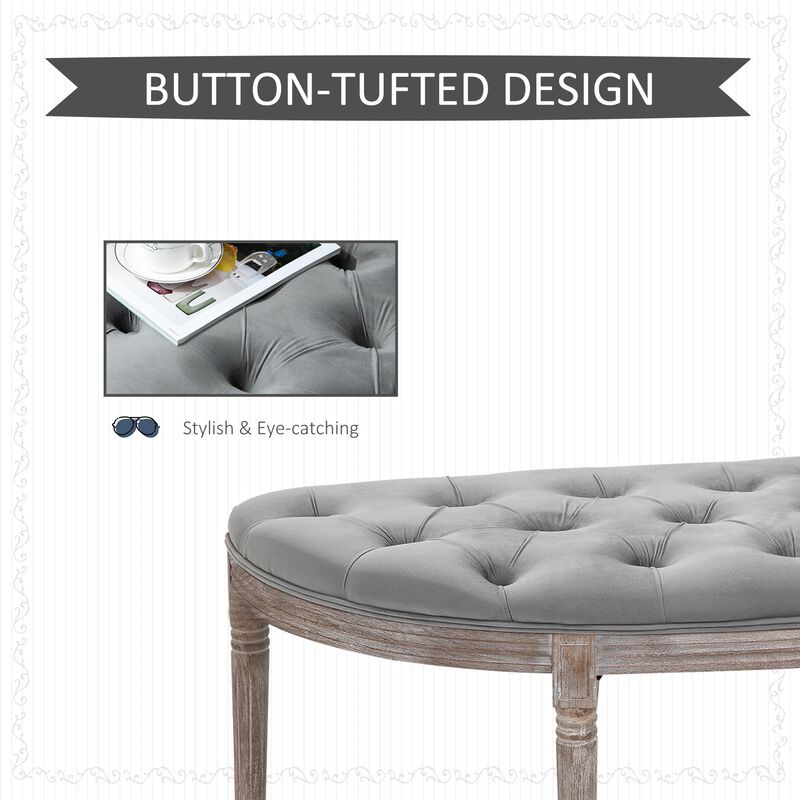 Vintage Semi-Circle Hallway Bench Tufted Upholstered Velvet-Touch Fabric Accent Seat with Rubberwood Legs - Grey