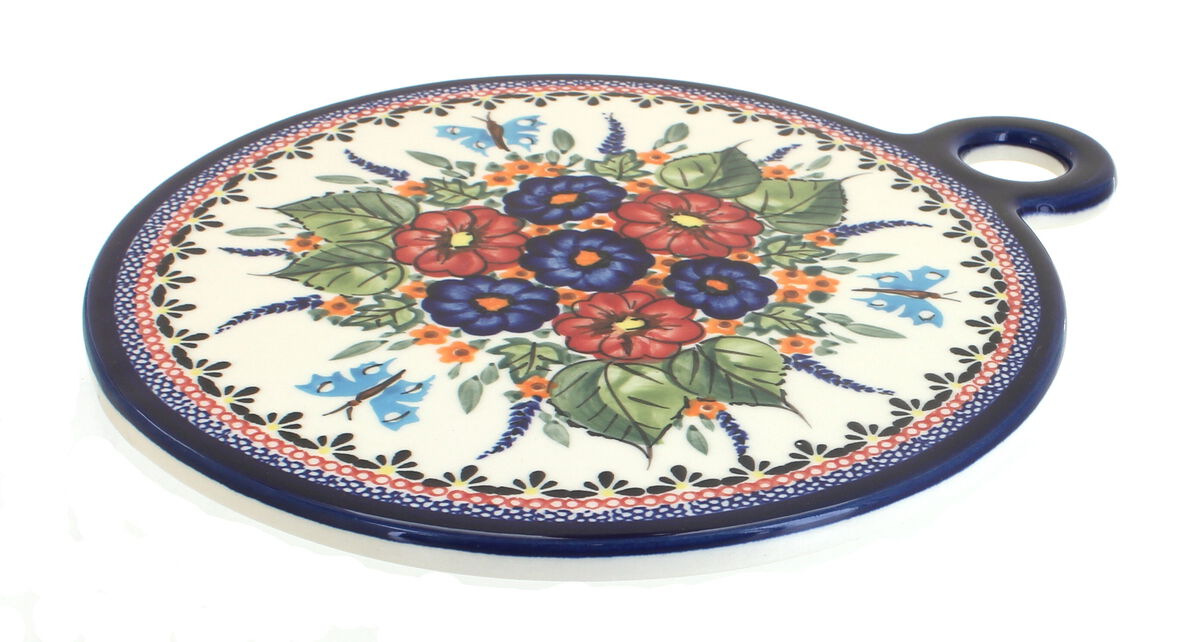 Blue Rose Polish Pottery Country Meadow Round Cutting Board