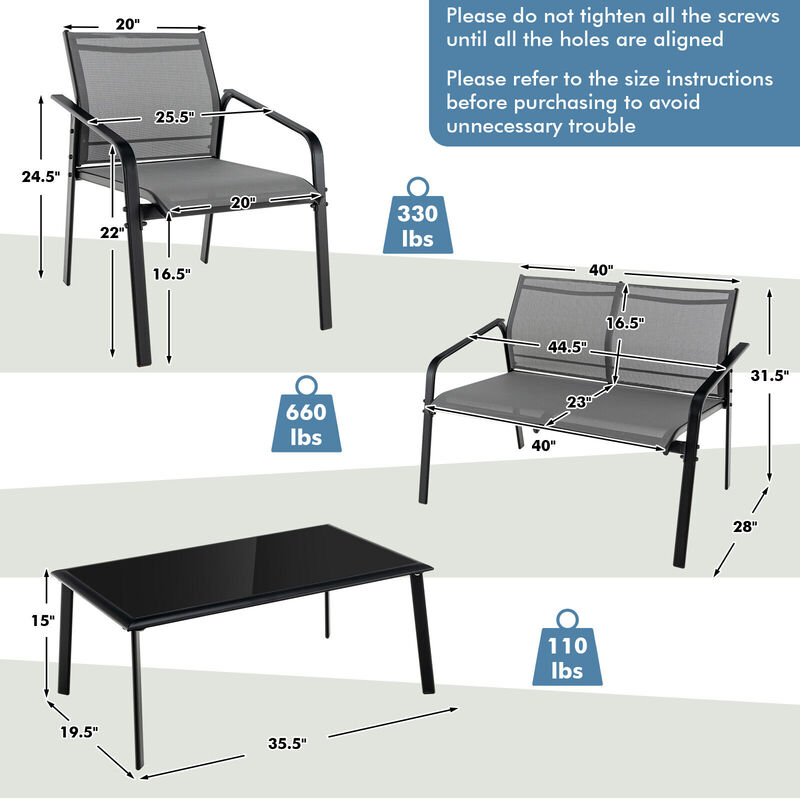 4 Pieces Patio Furniture Set with Armrest Loveseat Sofas and Glass Table Deck