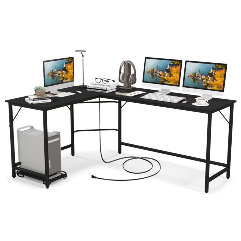Hivvago L-Shaped Computer Desk with CPU Stand Power Outlets and USB Ports