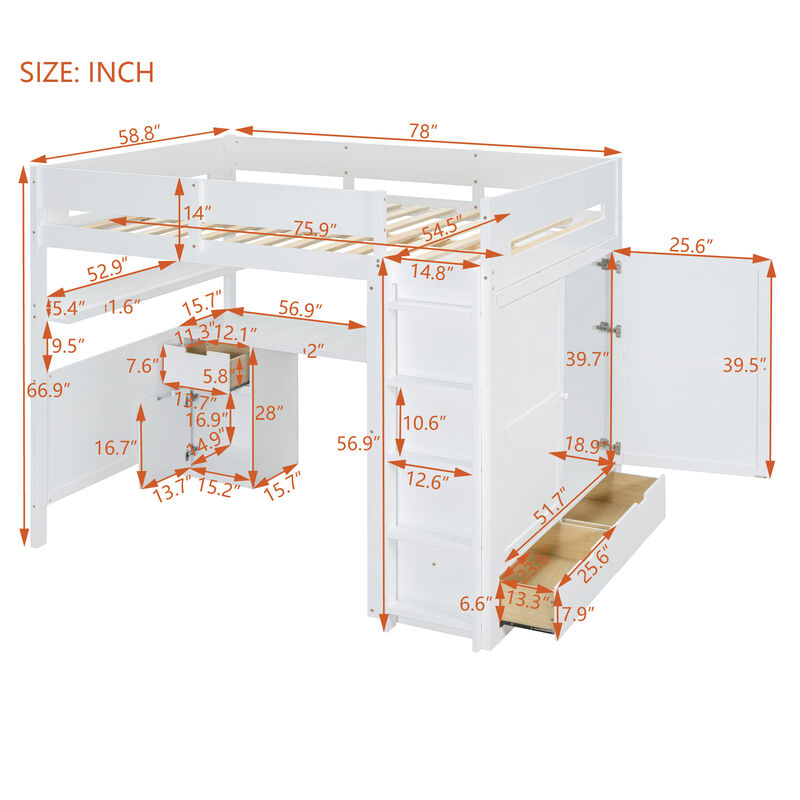 Merax  Wooden Loft Bed with Wardrobe