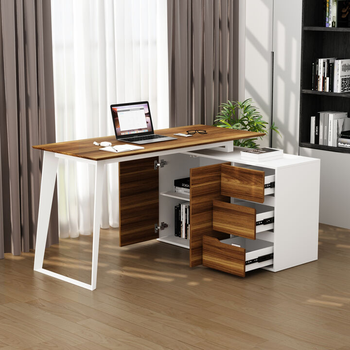 54.3 in. Reversible L-Shaped White Wood Writing Desk Office Workstation With Adjustable Shelves, Drawers, Doors Cabinet