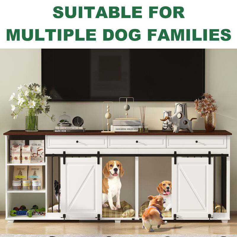Large Dog Crate Furniture with 3 Drawers, Wooden Double Dog Crate Kennel Furniture with Sliding Door, Storage Shelves