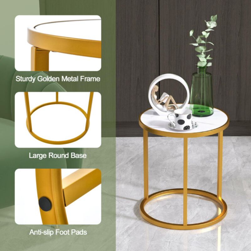 Hivvago Marble Top Round Side Table 16-Inch End Table with Golden Metal Frame