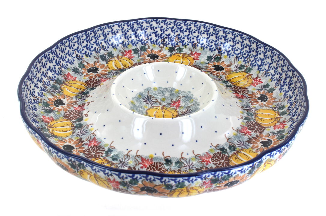 Blue Rose Polish Pottery Mardi Gras Chip & Dip Bowl