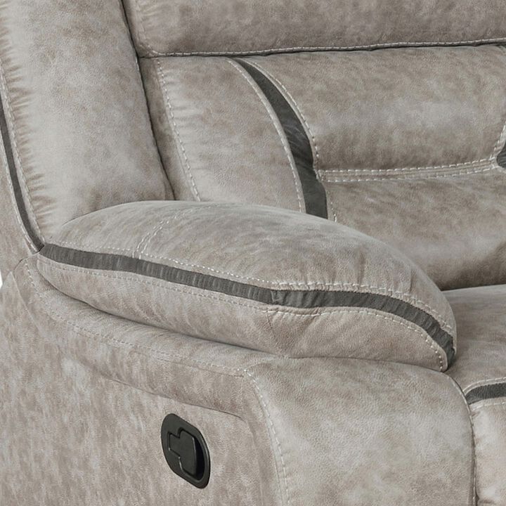 Jake 41 Inch Gliding Manual Recliner, Pillowtop, Taupe Brown Faux Leather-Benzara