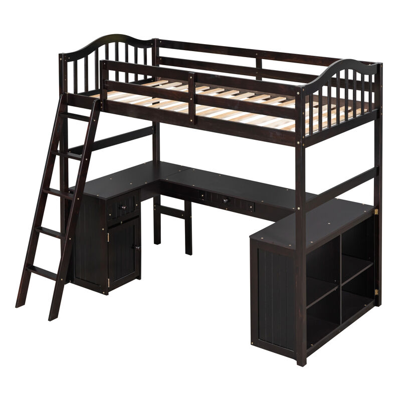 Twin size Loft Bed with Drawers, Cabinet, Shelves and Desk, Wooden Loft Bed with Desk - Espresso