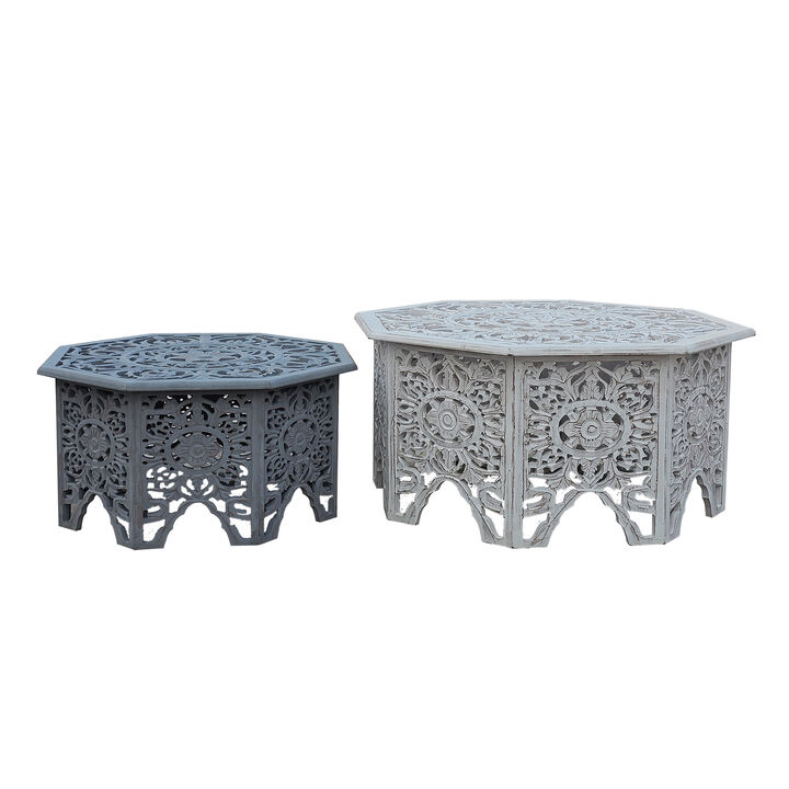 Nesting Coffee Tables, Set of 2, Handcrafted Carved Cut Out Floral Motifs, Antique White and Gray - Benzara