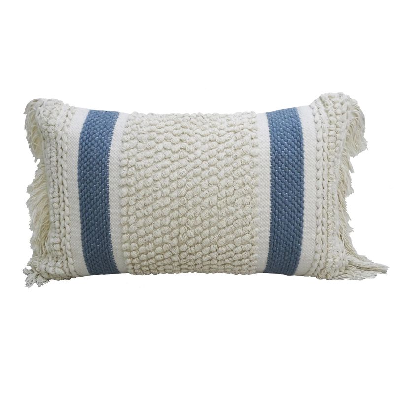 24" White and Blue Striped Rectangular Throw Pillow with Loop Texture and Fringes